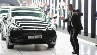 Tesla CEO Elon Musk attends the official opening of the new Tesla electric car manufacturing plant on March 22, 2022 near Gruenheide, Germany. The new plant, officially called the Gigafactory Berlin-Brandenburg, is producing the Model Y as well as electric car batteries.