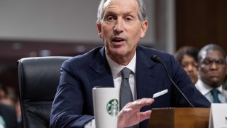 Former Starbucks CEO Howard Schultz testifies about the company’s labor and union practices during a Senate Committee on Health, Education, Labor and Pensions hearing on Capitol Hill in Washington, DC, March 29, 2023.