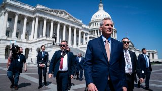 Speaker of the House Kevin McCarthy, R-Calif., walks out with House Republicans to speak about the passage of H.R. 734 The Protection of Women and Girls in Sports Act on Capitol Hill on Thursday, April 20, 2023, in Washington, DC.