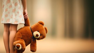 A little girl holds a teddy bear