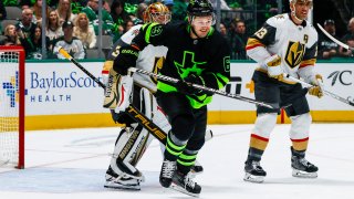 DALLAS, TX – APRIL 08: Dallas Stars right wing Evgenii Dadonov (63) chases the puck during the game between the Dallas Stars and the Vegas Golden Knights on April 8, 2023 at American Airlines Center in Dallas, Texas. (Photo by Matthew Pearce/Icon Sportswire via Getty Images)
