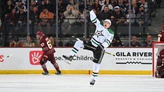 Jason Robertson #21 of the Dallas Stars celebrates after scoring a goal against the Arizona Coyotes during the second period at Mullett Arena on March 31, 2023 in Tempe, Arizona.