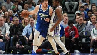 Luka Doncic #77 of the Dallas Mavericks dribbles the ball during the game against the Sacramento Kings on April 5, 2023 at the American Airlines Center in Dallas, Texas.