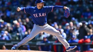 Nathan Eovaldi #17 of the Texas Rangers pitches in the second inning against the Chicago Cubs at Wrigley Field on April 07, 2023 in Chicago, Illinois.
