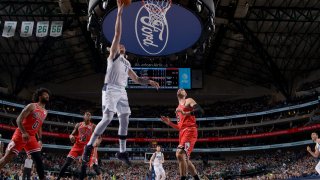 DALLAS, TX – APRIL 7: Luka Doncic #77 of the Dallas Mavericks drives to the basket against the Chicago Bulls on April 7, 2023 at the American Airlines Center in Dallas, Texas. NOTE TO USER: User expressly acknowledges and agrees that, by downloading and or using this photograph, User is consenting to the terms and conditions of the Getty Images License Agreement. Mandatory Copyright Notice: Copyright 2023 NBAE (Photo by Glenn James/NBAE via Getty Images)