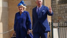 WINDSOR, ENGLAND - APRIL 09: King Charles III and Camilla, Queen Consort attend the Easter Mattins Service at Windsor Castle on April 9, 2023 in Windsor, England. (Photo by Yui Mok - WPA Pool/Getty Images)