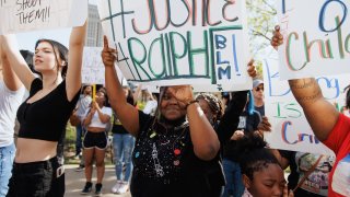 Protesters attend a rally for Black teen Ralph Yarl in front of U.S. District Court on April 18, 2023, in Kansas City, Missouri.