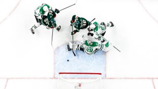 Mats Zuccarello #36 of the Minnesota Wild scores a goal against Jake Oettinger #29 of the Dallas Stars in the first period of Game Three of the First Round of the 2023 Stanley Cup Playoffs at Xcel Energy Center on April 21, 2023 in St Paul, Minnesota. The Wild defeated the Stars 2-1 to take a 2-1 series lead.