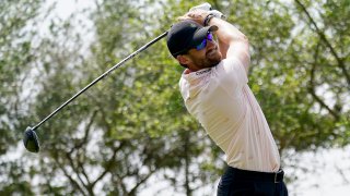 Patrick Rodgers of the United States plays his shot from the 18th tee during the second round of the Valero Texas Open at TPC San Antonio on March 31, 2023 in San Antonio, Texas.