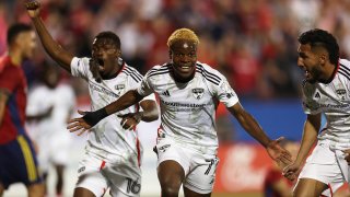 Bernard Kamungo #77 of FC Dallas celebrates after scoring the second goal of his team during the MLS game between Real Salt Lake and FC Dallas at Toyota Stadium on April 15, 2023 in Frisco, Texas.