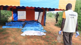 Bodybags are seen during exhumation at the Shakahola outskirts of Malindi town, Kenya, April 25, 2023.