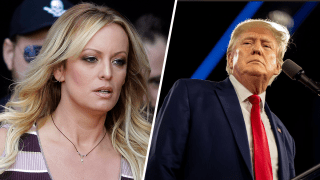 Adult film actress Stormy Daniels arrives for the opening of the adult entertainment fair Venus in Berlin, Oct. 11, 2018 (Left)(AP). Former U.S. President Donald Trump speaks at the Conservative Political Action Conference at the Hilton Anatole on August 06, 2022 in Dallas, Texas. Getty Images (Left) (Getty Images)
