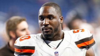 Cleveland Browns defensive end Chris Smith (50) walks off of the field at the conclusion of a game between the Cleveland Browns and the Detroit Lions on August 30, 2018 at Ford Field in Detroit, Michigan.