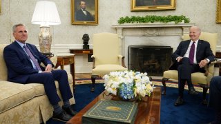 U.S. President Joe Biden hosts debt limit talks with House Speaker Kevin McCarthy (R-CA) and other congressional leaders in the Oval Office at the White House in Washington, U.S., May 9, 2023.
