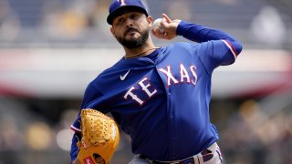 Texas Rangers starting pitcher Martin Perez delivers during the first inning of a baseball game against the Pittsburgh Pirates in Pittsburgh, Wednesday, May 24, 2023.