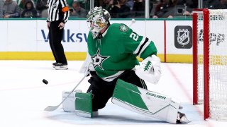 DALLAS, TEXAS – MAY 04: Jake Oettinger #29 of the Dallas Stars blocks a shot on goal against the Seattle Kraken in the second period in Game Two of the Second Round of the 2023 Stanley Cup Playoffs at American Airlines Center on May 04, 2023 in Dallas, Texas.