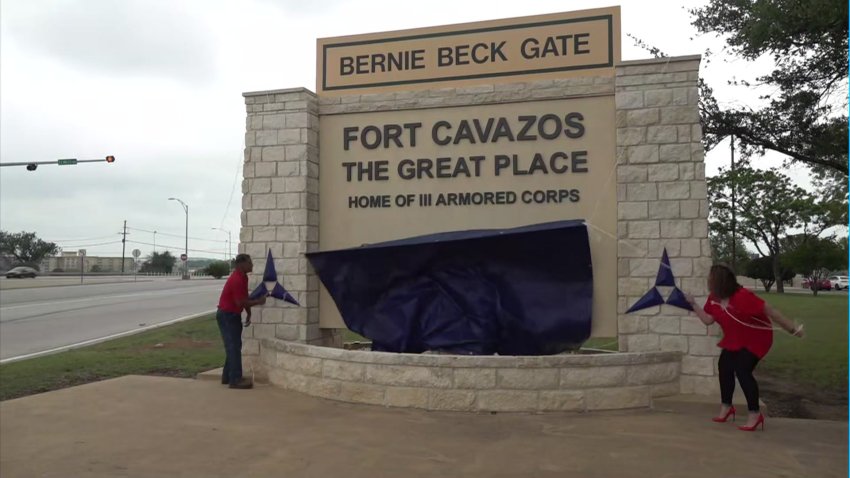 Fort Cavazos sign unveiled outside the Central Texas post, May 9, 2023.