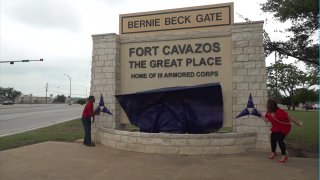 Fort Cavazos sign unveiled outside the Central Texas post, May 9, 2023.