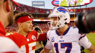 Patrick Mahomes #15 of the Kansas City Chiefs shakes hands with Josh Allen #17 of the Buffalo Bills after the game at Arrowhead Stadium on October 16, 2022 in Kansas City, Missouri. Buffalo defeated Kansas City 24-20.