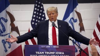 Former President Donald Trump greets supporters at a Team Trump volunteer leadership training event held at the Grimes Community Complex on June 01, 2023 in Grimes, Iowa.