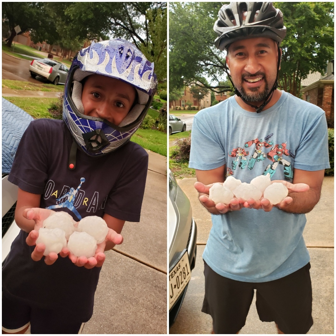 Chasing Hail in Flower Mound, TX. Humza and dad competing to find the biggest hail/snowball(?).