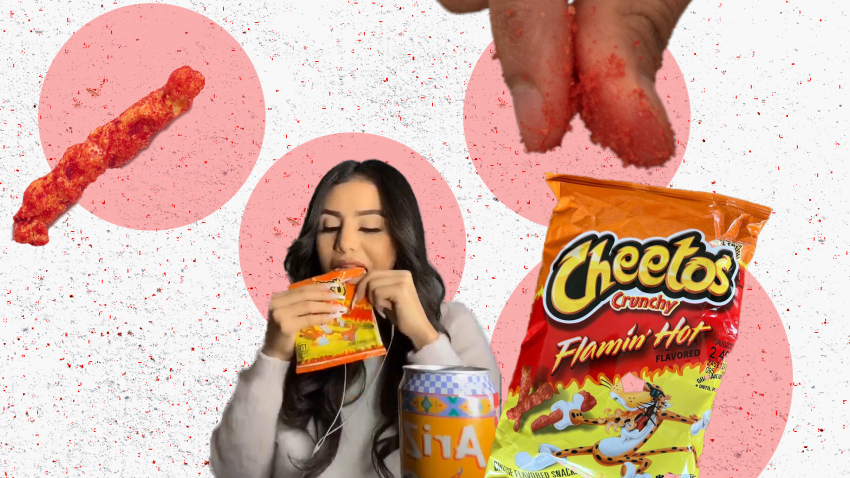 Red cheeto, Marlene Mendez eating Cheetos Flamin' Hot, a bag of the snack and a hand with dust.