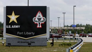 The new Fort Liberty sign is displayed outside the base on June 2, 2023, in Fort Liberty, N.C.