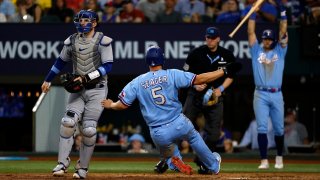 ARLINGTON, TX – JUNE 18: Corey Seager #5 of the Texas Rangers scores a run against the Toronto Blue Jays during the fourth inning at Globe Life Field on June 18, 2023 in Arlington, Texas.