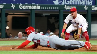 ARLINGTON, TEXAS – JUNE 05: Willson Contreras #40 of the St. Louis Cardinals steals third base ahead of the throw to Josh Jung #6 of the Texas Rangers in the second inning at Globe Life Field on June 05, 2023 in Arlington, Texas.