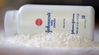 In this photo illustration, a container of Johnson and Johnson baby powder is displayed on April 05, 2023 in San Anselmo, California.