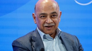 IBM Chairman and CEO Arvind Krishna appears on a panel session at the World Economic Forum in Davos, Switzerland, Jan. 17, 2023.