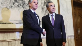 US Secretary of State Antony Blinken (L) shakes hands with China’s Director of the Office of the Central Foreign Affairs Commission Wang Yi at the Diaoyutai State Guesthouse in Beijing on June 19, 2023. (Photo by Leah MILLIS / POOL / AFP) (Photo by LEAH MILLIS/POOL/AFP via Getty Images)