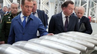 Russia’s former leader Dmitry Medvedev, a President Putin ally who is now deputy chairman of the country’s security council, visits the Aleksin Experimental Mechanical Plant in the Tula region on June 15, 2023.