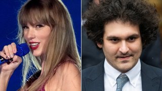 Taylor Swift, left, performs onstage on March 17, 2023. Former FTX Chief Executive Sam Bankman-Fried, right, exits the Manhattan federal court in New York City, Feb. 16, 2023.