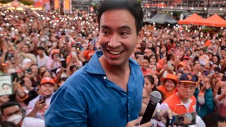 Move Forward Party leader and prime ministerial candidate Pita Limjaroenrat addresses supporters ahead of the July 13 parliamentary vote to elect Thailand’s next prime minister, in front of Central World in Bangkok on July 9, 2023.