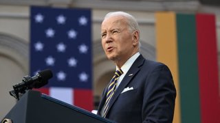 US President Joe Biden delivers a speech on NATO at the Vilnius University in Vilnius, Lithuania, on July 12, 2023, after the end of the NATO Summit.