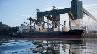 The Spring Breeze bulk carrier freight ship is filled with grain at the Prince Rupert Grain Ltd. terminal of the Port of Prince Rupert in Prince Rupert, British Columbia, Canada.