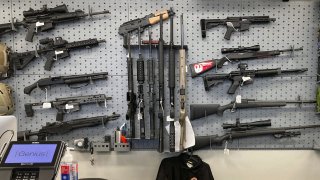 Firearms are displayed at a gun shop in Salem, Oregon.