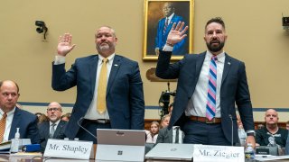 IRS Supervisory Special Agent Gary Shapley, left, and IRS Criminal Investigator Joseph Ziegler, are sworn in at a House Oversight and Accountability Committee hearing with IRS whistleblowers, Wednesday, July 19, 2023, in Washington.