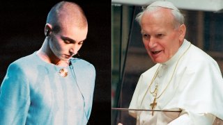 Irish singer Sinead O’Connor stands alone while the crowd boos her at Bob Dylan’s 30th anniversary celebration in New York on Oct. 16, 1992, 13 days after she ripped a photo of Pope John Paul II during an appearance on “Saturday Night Live,” left, and Pope John Paul II appears in his popemobil  in Prague on April 21, 1990.  More than 30 years later, her Saturday Night Live performance is remembered by some as an offensive act of desecration. But for others — including survivors of clergy sex abuse — O’Connor’s protest was prophetic, forecasting the global denomination’s public reckoning that was still to come. (AP Photo)