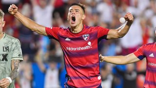 FC Dallas defender Sam Junqua celebrates after scoring a goal during the 90th minute of a MLS soccer game between Los Angeles FC and FC Dallas at Toyota Stadium on Saturday, July 1, 2023 in Frisco, TX. (Photo by Austin McAfee/Icon Sportswire via Getty Images)