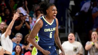 ARLINGTON, TX – JULY 7: Natasha Howard #6 of the Dallas Wings reacts during the game against the Las Vegas Aces on July 7, 2023 at the College Park Center in Arlington, TX.