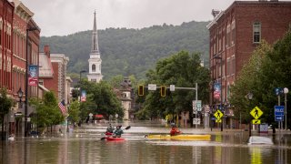 MONTPELIER, VT – JULY, 11: Flooding in downtown Montpelier, Vermont on Tuesday, July 11, 2023. Vermont has been under a State of Emergency since Sunday evening as heavy rains continued through Tuesday morning causing flooding across the state.