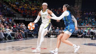 MINNEAPOLIS, MN – JULY 12: Arike Ogunbowale #24 of the Dallas Wings dribbles the ball during the game against the Minnesota Lynx on July 12, 2023 at Target Center in Minneapolis, Minnesota.