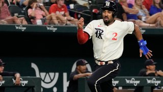ARLINGTON, TEXAS – JULY 14: Marcus Semien #2 of the Texas Rangers runs to home plate during the seventh inning against the Cleveland Guardians at Globe Life Field on July 14, 2023 in Arlington, Texas.