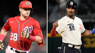 Lane Thomas (L) and the Nationals battle Marcus Semien (R) and the Rangers on MLB Sunday Leadoff.