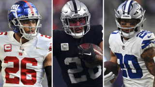 Saquon Barkley (L), Josh Jacobs (M) and Tony Pollard (R) will play on the franchise tag in 2023.