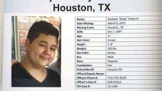 A missing poster for Rudolph "Rudy" Farias IV is shown during the Missing Person Day event at City Hall on Jan. 31, 2016, in Houston. Farias, who disappeared as a teenager in 2015 after last being seen walking his dogs in Houston, has been found alive, his family and police said.(Uncredited / ASSOCIATED PRESS)