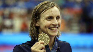 Katie Ledecky of United States is seen with her Gold medal after victory in the Women’s 1500m Freestyle final on day three of the Fukuoka 2023 World Aquatics Championships.