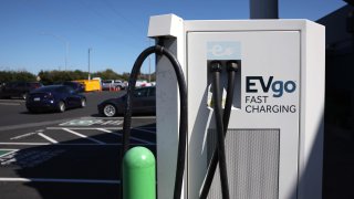 A view of an EVgo EV charging station on July 28, 2023 in Corte Madera, California.